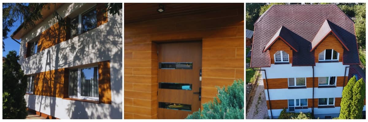 Nowoczesna elewacja domu z elastycznych desek elewacyjnych imitujących drewno